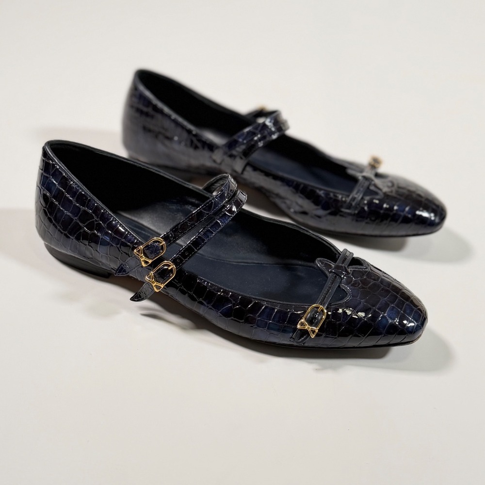 Sarah Flint Navy Croc Embossed Leather Mary Jane Flat 39.5 US 9 Old Money Luxury